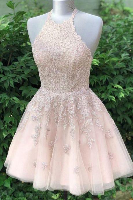 Pink Tulle Open Back Short Homecoming Dress Prom Dress