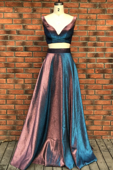 Fancy Dress Two Pieces Satin Long V Neck Homecoming Dress Prom Dress