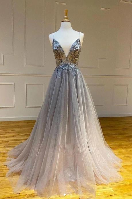 Gray Tulle Dress V Neck Long A Line Customize Prom Dress Sequins Dress
