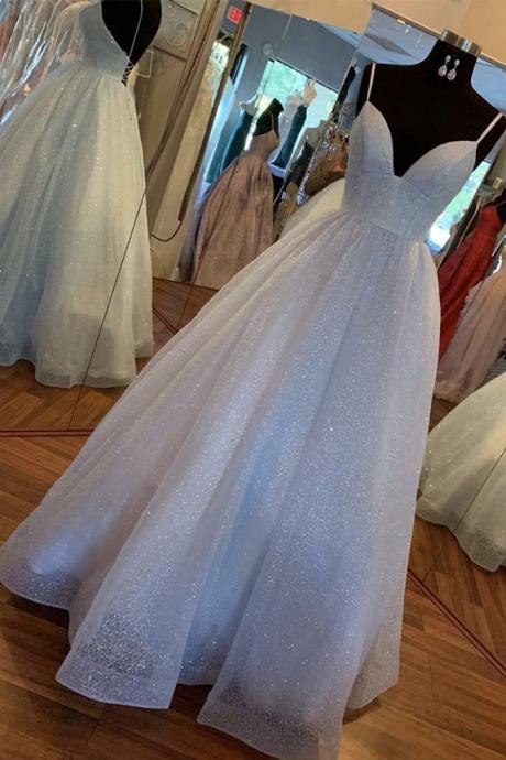 White Sequins Tulle Dress Customize Long A Line Prom Dress