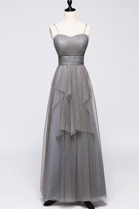 Simple Gray Tulle Bridesmaid Dress, Long Prom Dress