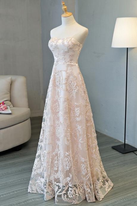 Light Pink Dress Strapless Long Lace Customize Prom Dress