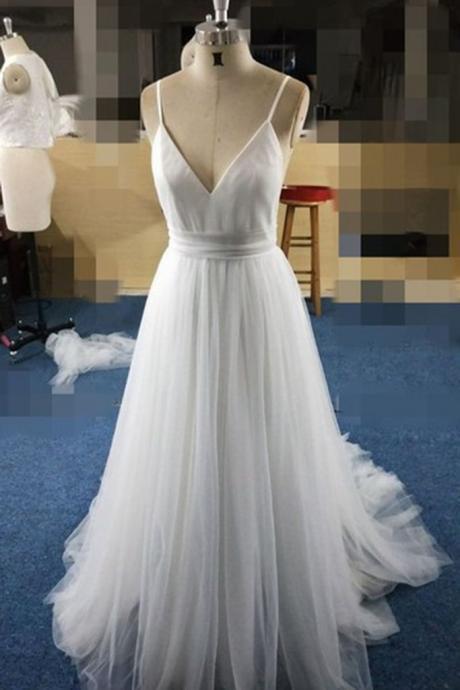 Simple White Tulle V Neck Spaghetti Straps Long Formal Prom Dress, Wedding Dress