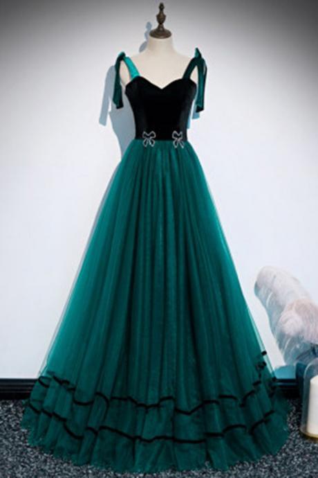 Deep Green Tulle Velvet Long Sweetheart Dress, Prom Dress