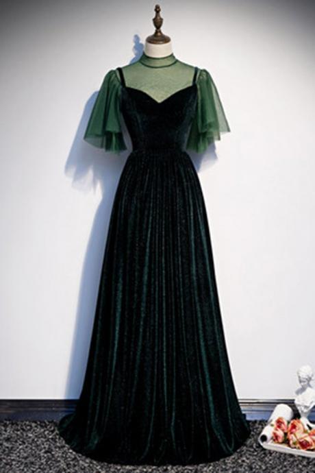 Deep Green Tulle Velvet Cap Sleeve Long Dress Customize Formal Prom Dress