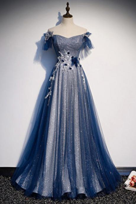 Blue Tulle Beaded Off Shoulder Long Dress Long A Line Prom Dresses