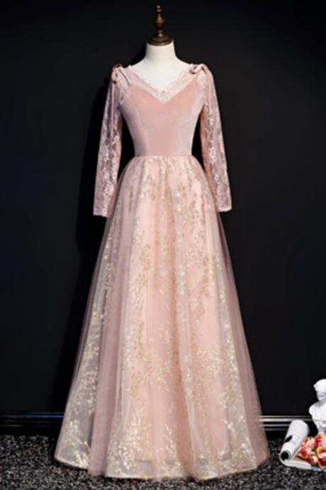 Design Pink Lace Dress Long Sleeve Formal Prom Dresses