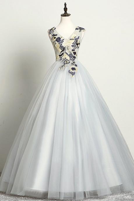 Simple Long Tulle V Neck Prom Dress, Long Customize Evening Dress