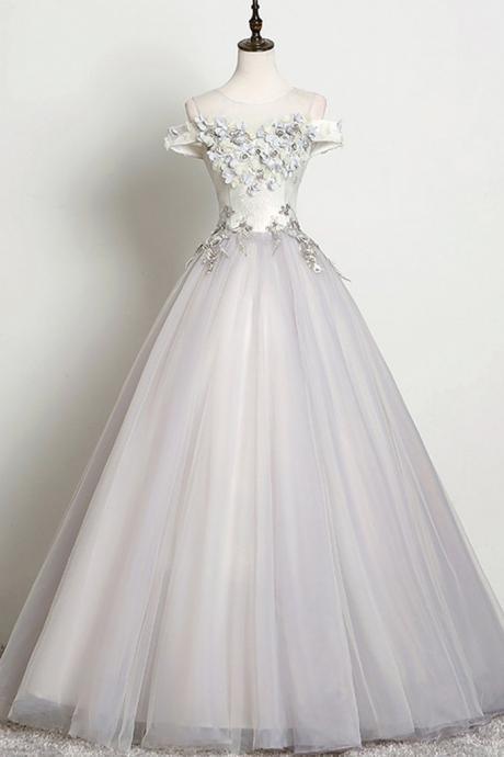 Gray Tulle Long Dress Sweet 16 Prom Dress A Line Formal Dress With Applique