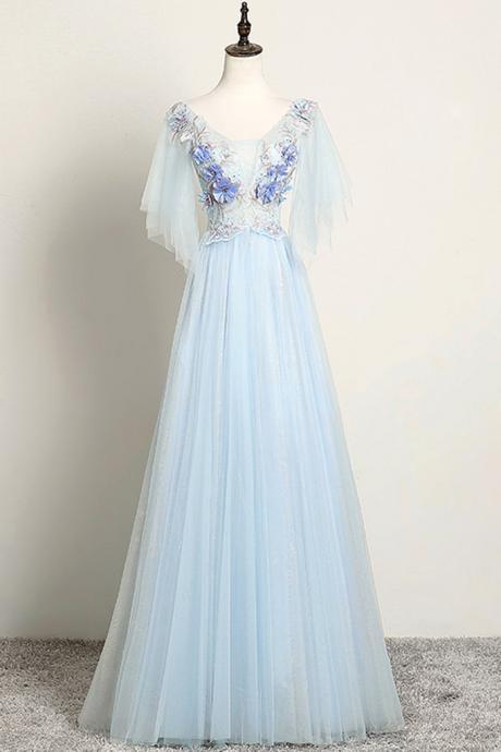 Blue Tulle V Neck Cap Sleeve Lace Up Prom Dress, Long Customize Dress