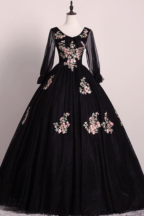 Black Tulle V Neck Long Formal Dress, Prom Dress With Long Sleeve