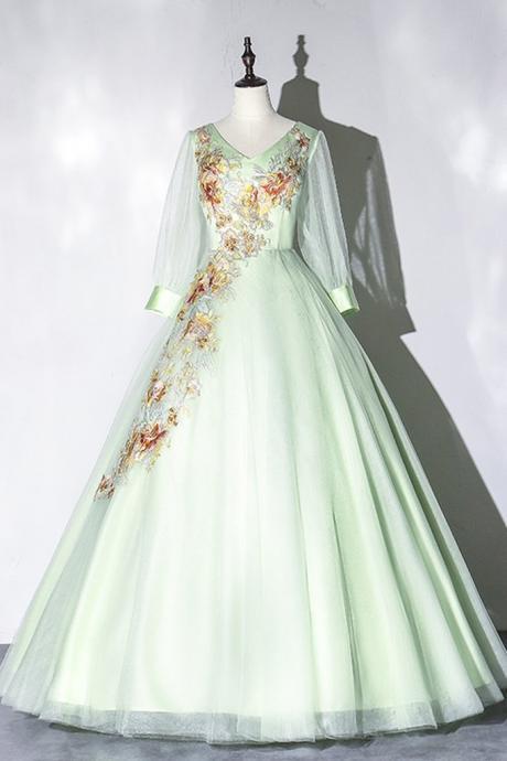 Apple Green Tulle V Neck Long Dress, Long A Line Customize Senior Prom Dress