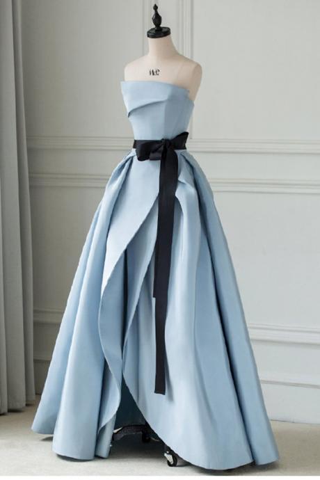 Blue Satin Dress With Sash, Long Strapless Slit Prom Dress