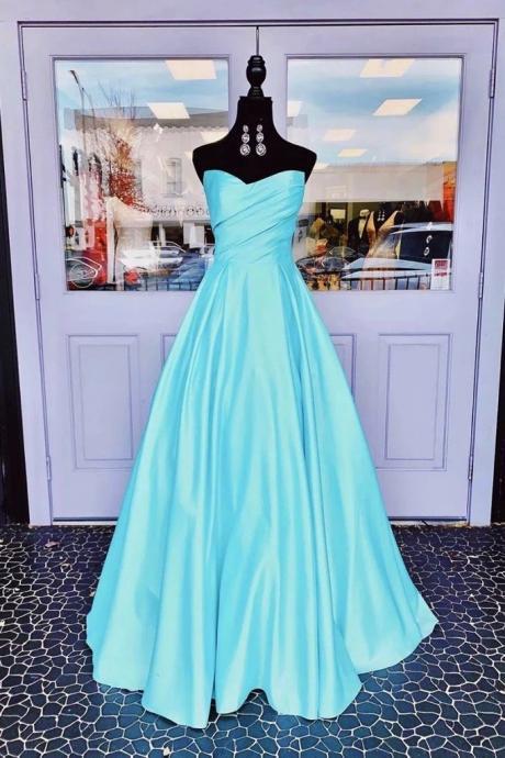 Blue Satin Strapless Long Dress, Simple A Line Prom Dress