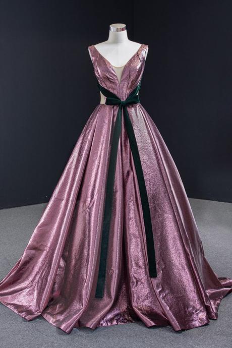 Real Picture Unique Shinning Satin V Neck Full Length Formal Prom Dress With Sash