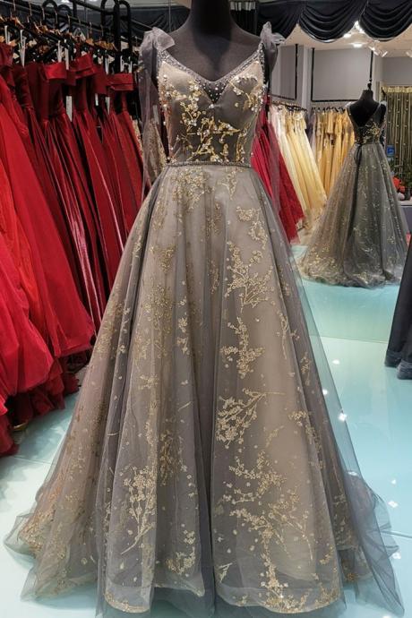 Gray Lace V Neck Long Customize A Line Formal Dress, Prom Dress