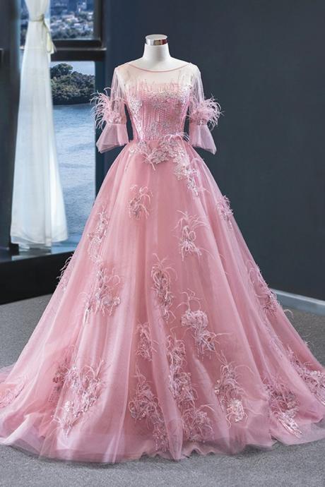 Unique Pink Tulle Lace Mid Sleeve Long A Line Formal Prom Dress, Evening Dress
