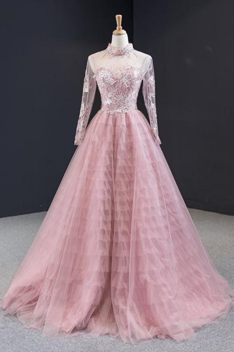 Pink Tulle Hight Neck Long Customize A Line Formal Prom Dress With Long Sleeves