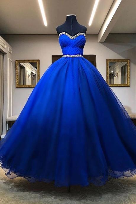 Sweetheart Royal Blue Tulle Beaded Strapless Long Prom Dress, Formal Dress