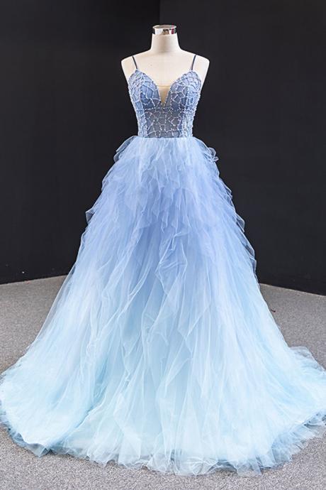 Light Blue Tulle Beaded Long Open Back Ruffles Prom Dress, Evening Dress