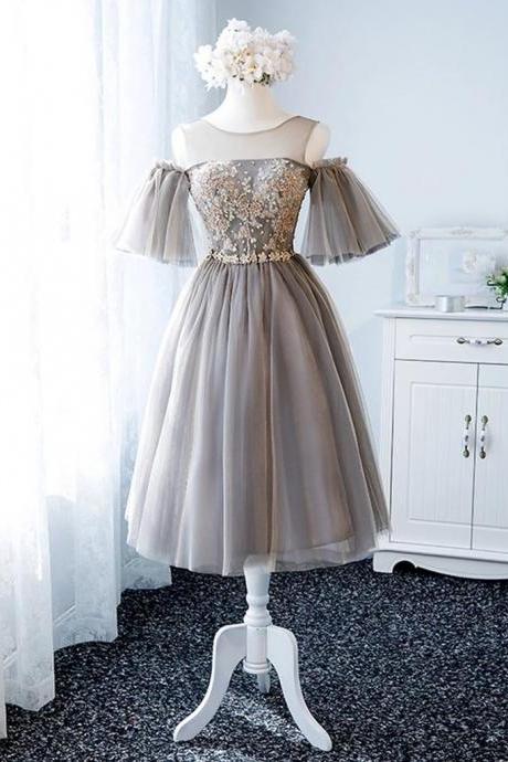 Stylish Short Tulle Prom Dress, Lace Up Homecoming Dress With Sleeve