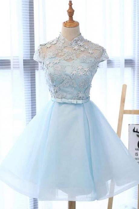 Simple Light Blue Tulle High Neck Short Prom Dress, Homecoming Dress With Applique