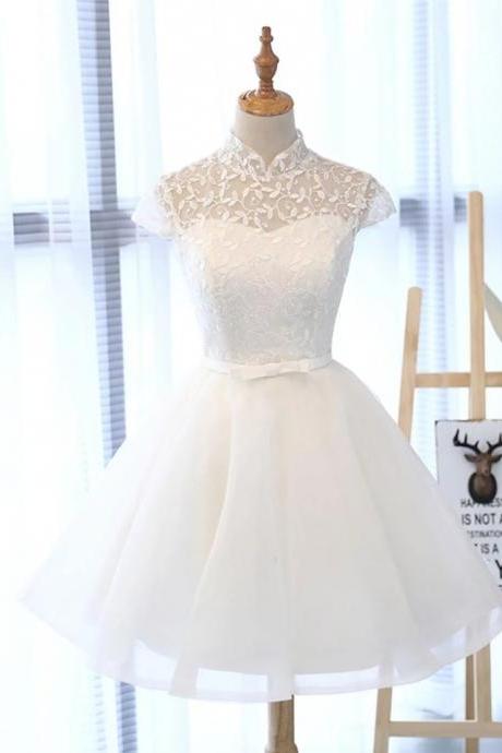 White Lace Tulle Cap Sleeve Short Prom Dress, Homecoming Dress