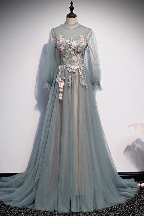 Green Tulle O Neck Long A Line Lace Applique Formal Prom Dress With Sleeve