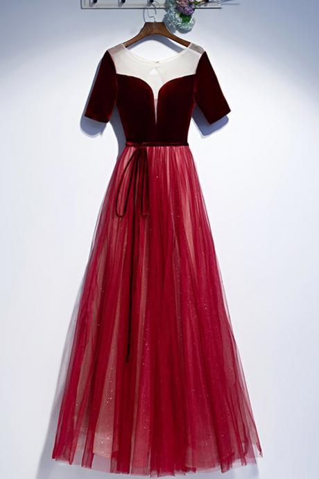 Burgundy Velvet Tulle Round Neck Short Sleeve Long Customize Prom Dress