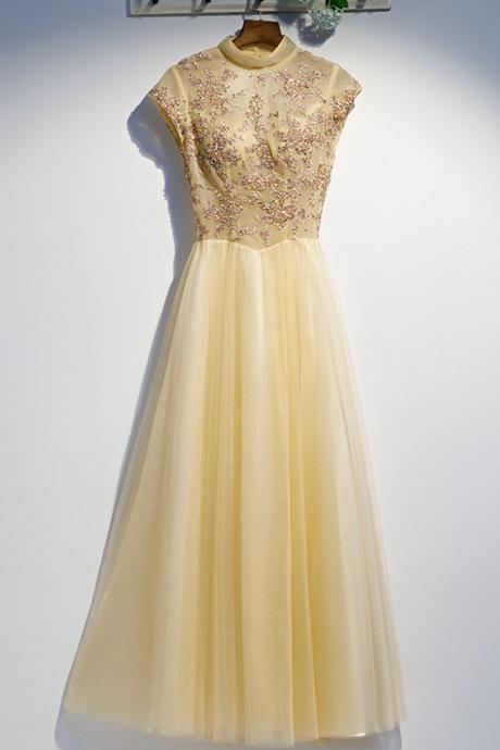 Unique Yellow Tulle High Neck Long Senior Prom Dress With Applique