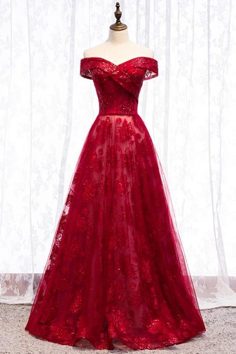 Burgundy Lace Off Shoulder Strapless Long Senior Prom Dress, Party Dress