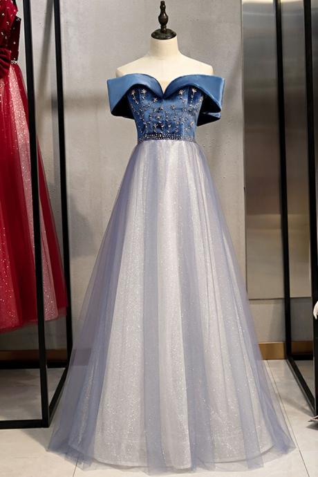Blue Satin Off Shoulder Long Tulle A Line Prom Dress With Beading