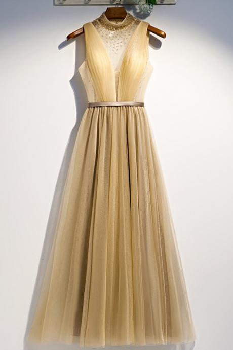 Design Long Tulle O Neck Crystal A Line Prom Dress, Evening Dress