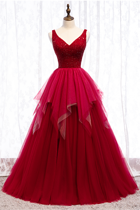 Burgundy Tulle Crystal V Neck Long Lace Up Prom Dress, Evening Dress