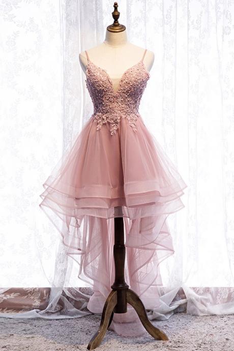 Pink Tulle Lace Short Open Back A Line Homecoming Dress, Prom Dress