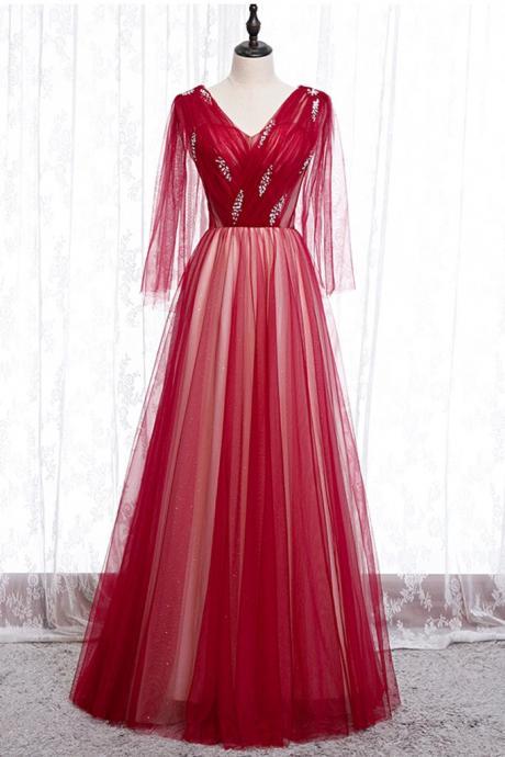 Burgundy Tulle V Neck Sequins Long Sleeve A Line Prom Dress, Evening Dress