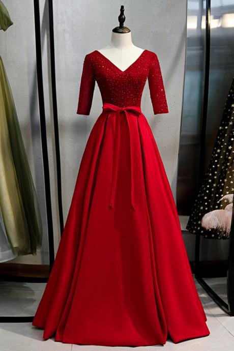 Burgundy Satin Sequins Long V Neck Customize Prom Dress, Formal Dress