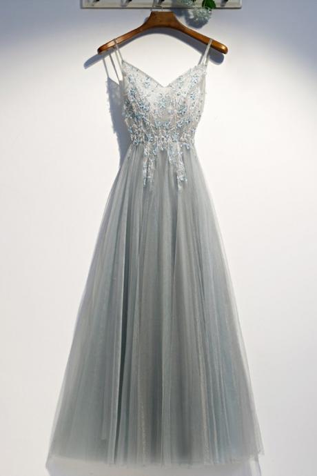 Gray Tulle Open Back Long Customize Sequins Prom Dress, Evening Dress