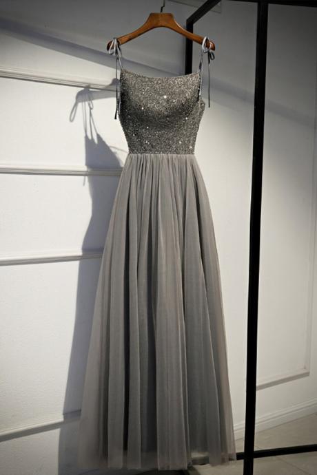 Gray Tulle Crystal Beaded Long Lace Up Customize Prom Dress
