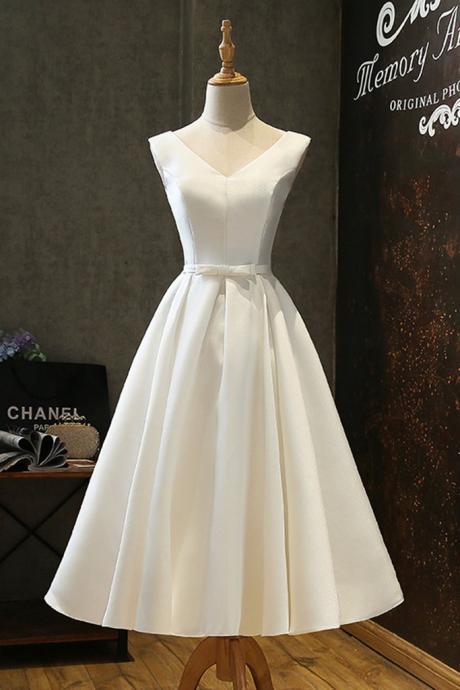 Simple White Satin V Neck Short Prom Dress, Bridesmaid Dress