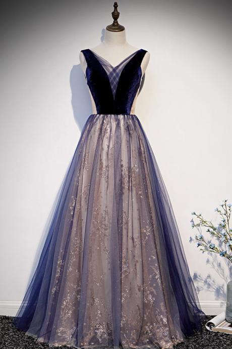 Blue Floral Tulle V Neck Long A Line Senior Prom Dress, Homecoming Dress