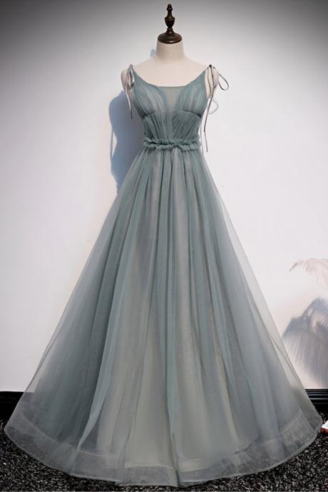 Simple Blue Gray Tulle A Line Long Customize Prom Dress, Party Dress