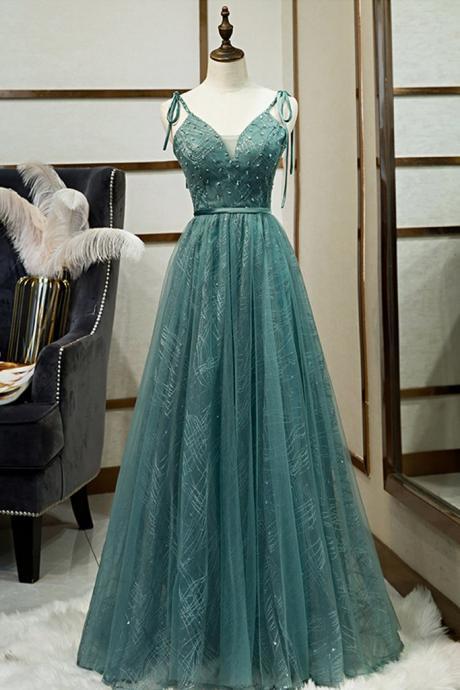 Green Tulle Sequins Long Spaghetti Straps Lace Up Prom Dress, Evening Dress
