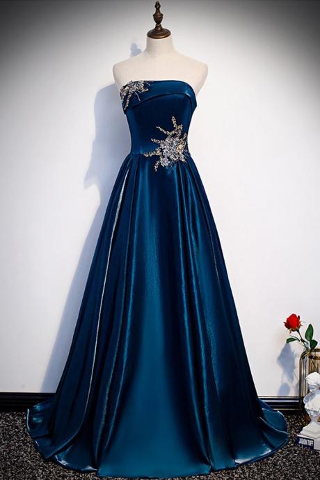 Blue Satin Strapless Long A Line Customize Prom Dress With Appliques