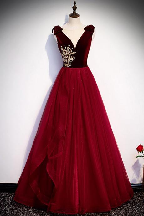 Burgundy Tulle V Neck Long Velvet Beaded Prom Dress, Evening Dress
