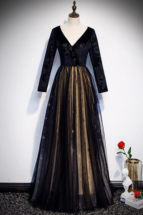 Black Floral Tulle V Neck Long Sleeve Formal Prom Dress, Evening Dress