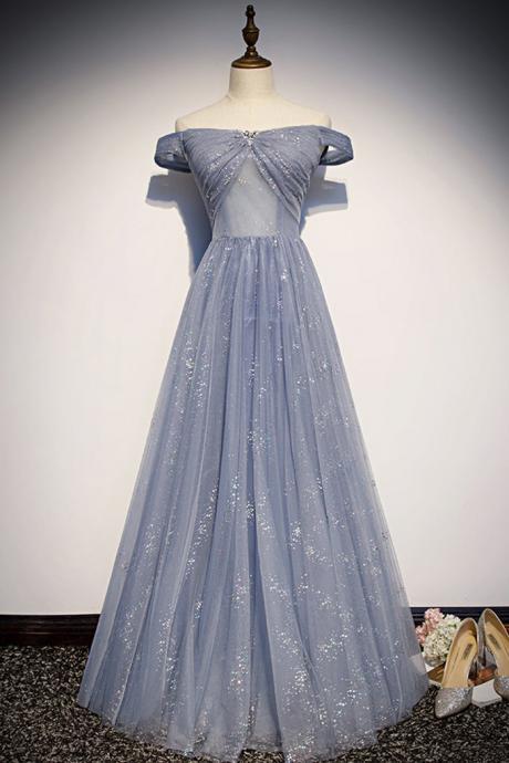 Strapless Blue Tulle Beaded Long A Line Off Shoulder Prom Dress, Evening Dress