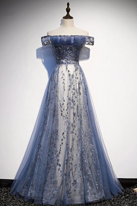 Stunning Blue Tulle Off Shoulder A Line Long Prom Dress, Evening Dress With Sleeve