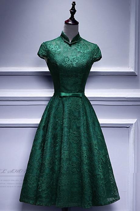 Deep Green Lace Cap Sleeve Mid Length High Collar Prom Dress, Party Dress