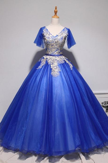 Royal Blue Tulle V Neck Short Sleeve Long Customize Prom Dress, Evening Dress